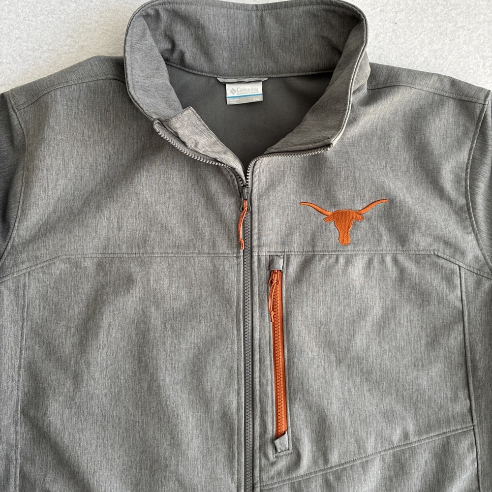 Columbia Texas Longhorns Mens 2XL XXL Gray Softshell Full Zip Jacket Orange Trim
